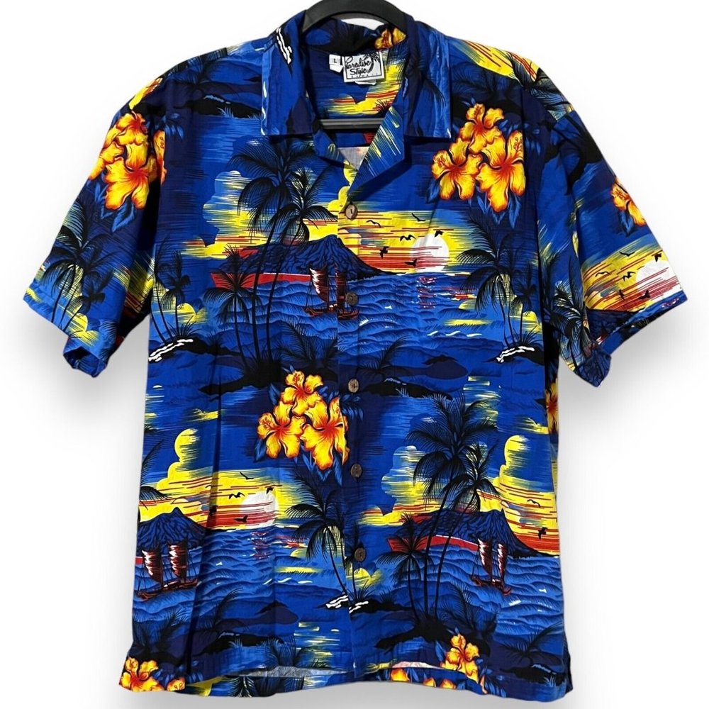 Vintage Paradise Style Hawaiian Beach Shirt Mens Large Blue Yellow Cotton